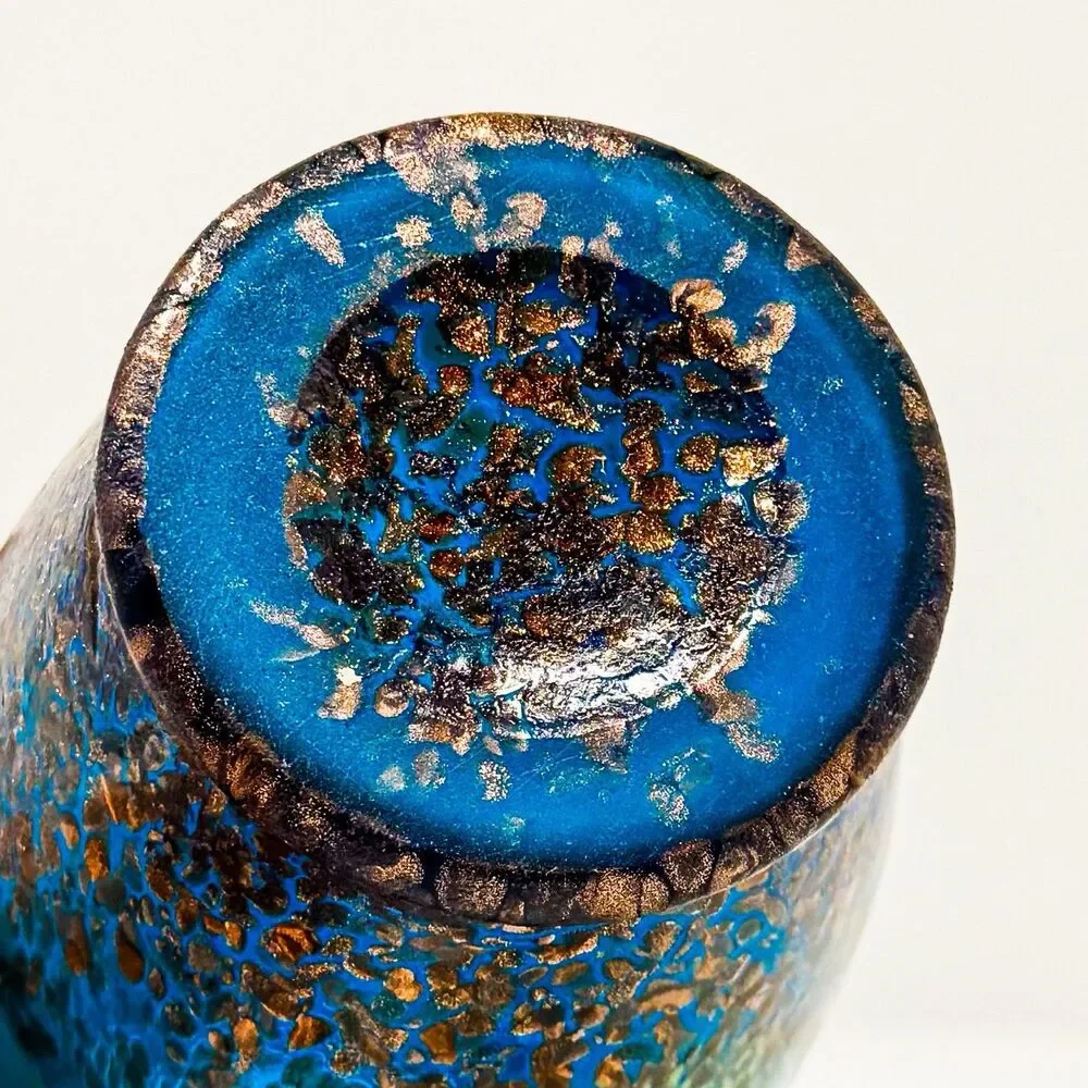 Dale Tiffany Vase Art Glass Teal Blue and Copper Applied Handles 9.5